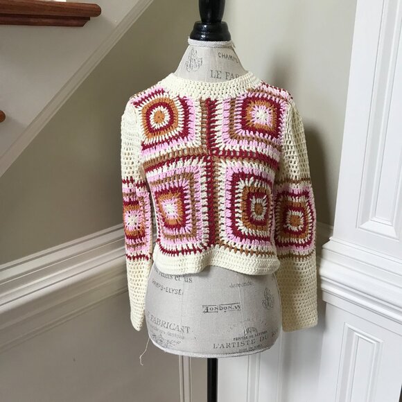 MinkPink Norah Crochet Sweater Womens XS Cream Pink Red Crew Neck Long Sleeve - Picture 3 of 11